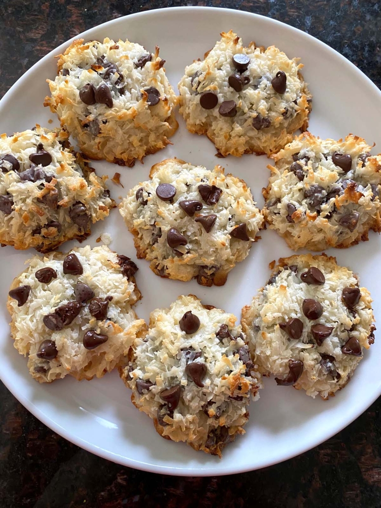 serving plate with Coconut Chocolate Chip Macaroons