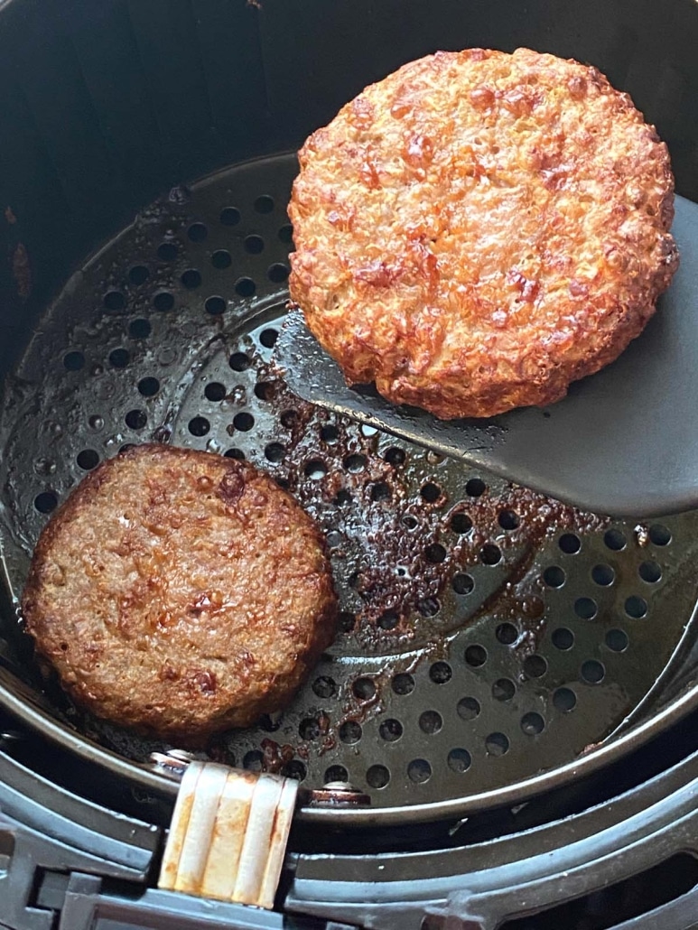 flipping Beyond Burgers in air fryer