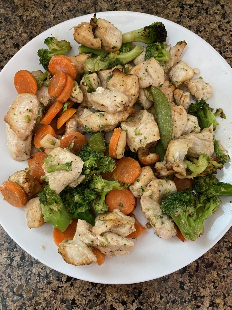 plate with Air Fryer Chicken And Frozen Vegetables served on top