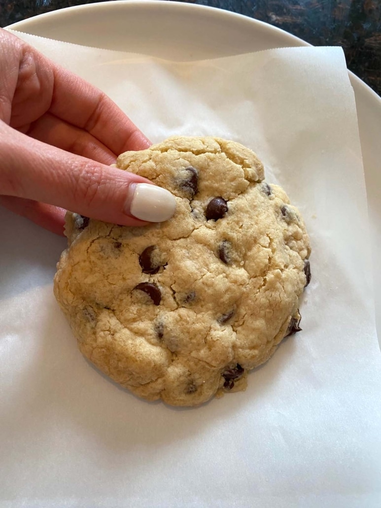 hand holding Microwave Chocolate Chip Cookie