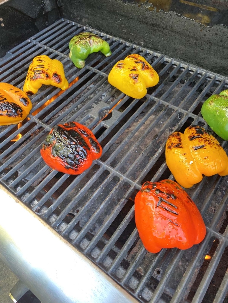 lightly seasoned bell peppers on the grill