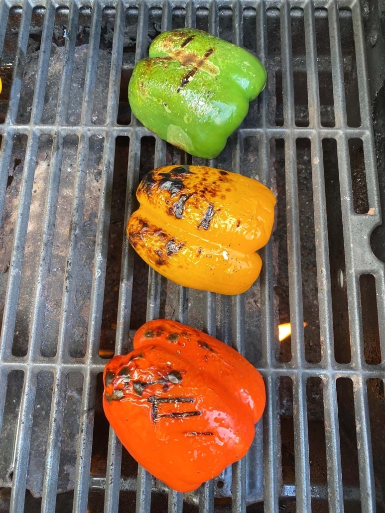 tricolor peppers on a grill