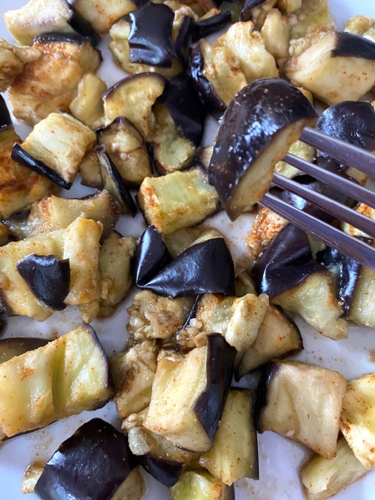 Microwave Eggplant seasoned with red pepper and garlic powder