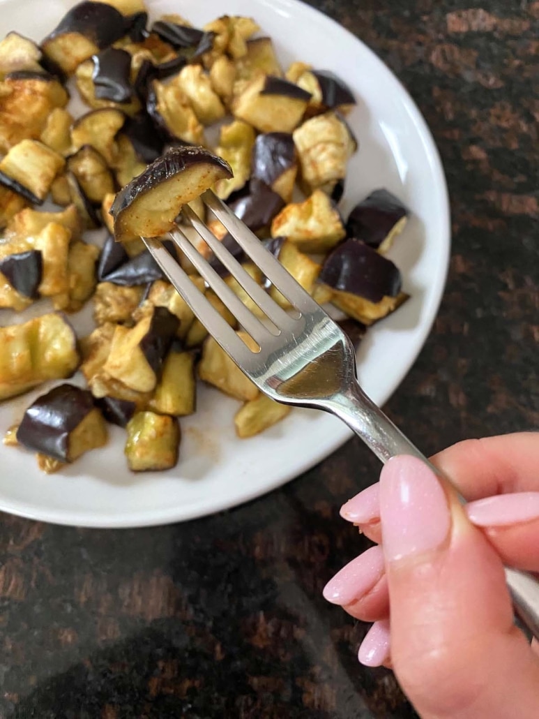 forkful of seasoned eggplant