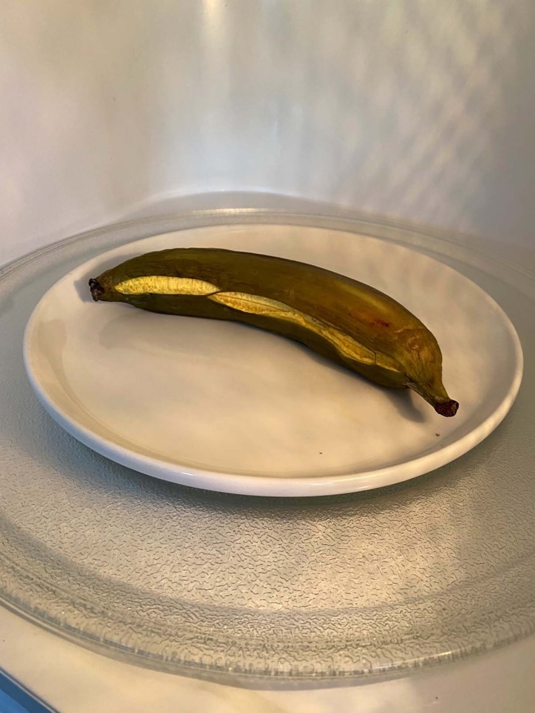 plantain on a plate in the microwave