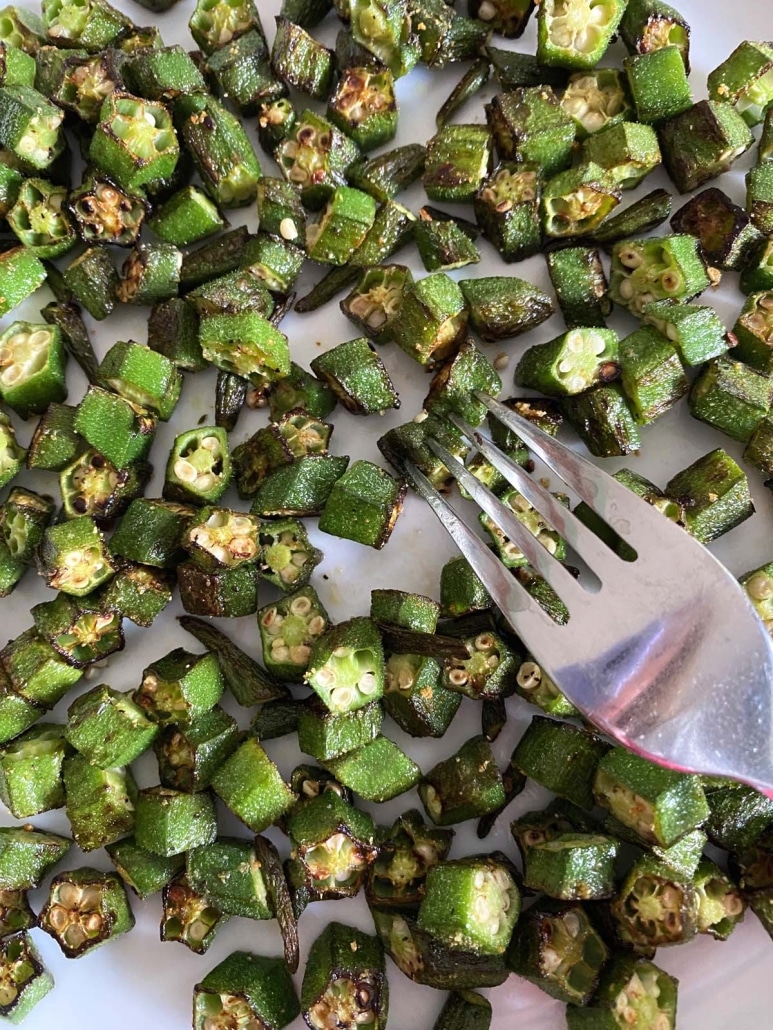 fork in tender crisp Sautéed Fresh Okra