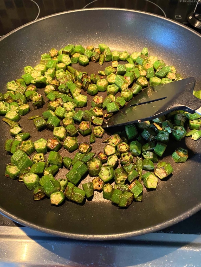 lightly seasoned Sautéed Fresh Okra in skillet