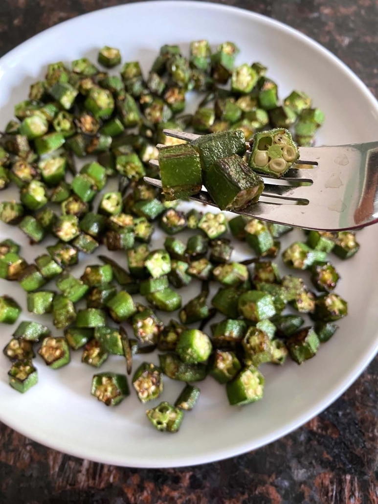 fork holding Sauteed Fresh Okra