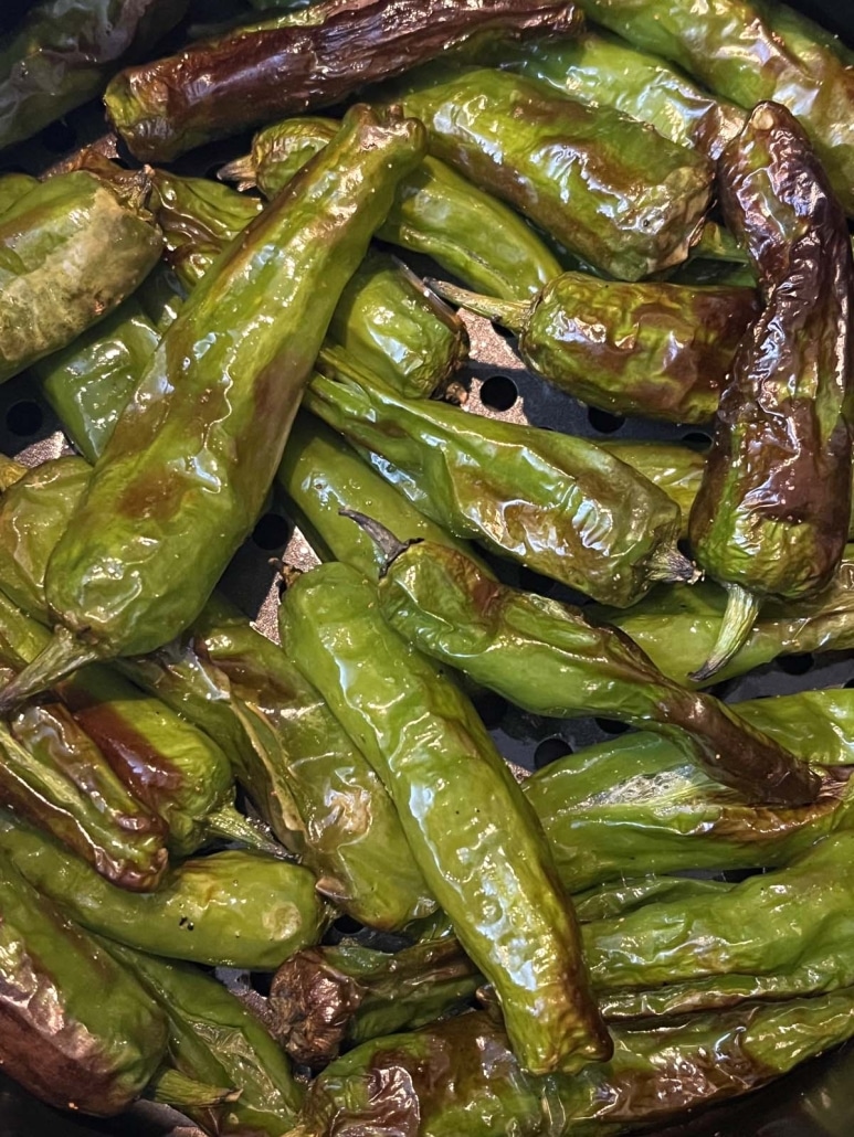 blistered shishito peppers cooked in the air fryer