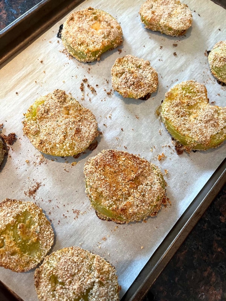oven baked green tomato slices coated in bread crumbs