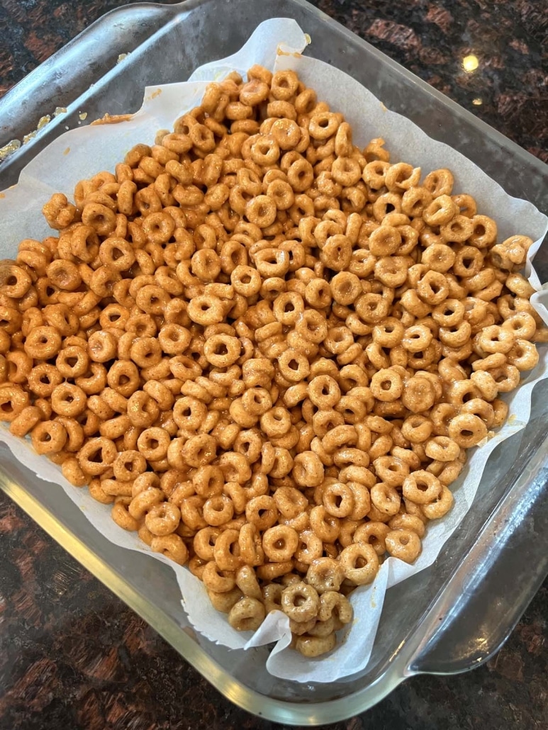 Cheerios Peanut Butter Bars ready to go in the fridge