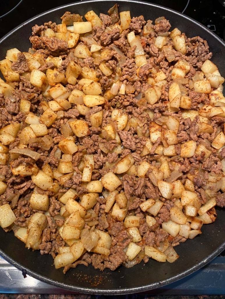 Ground Beef And Potatoes in skillet