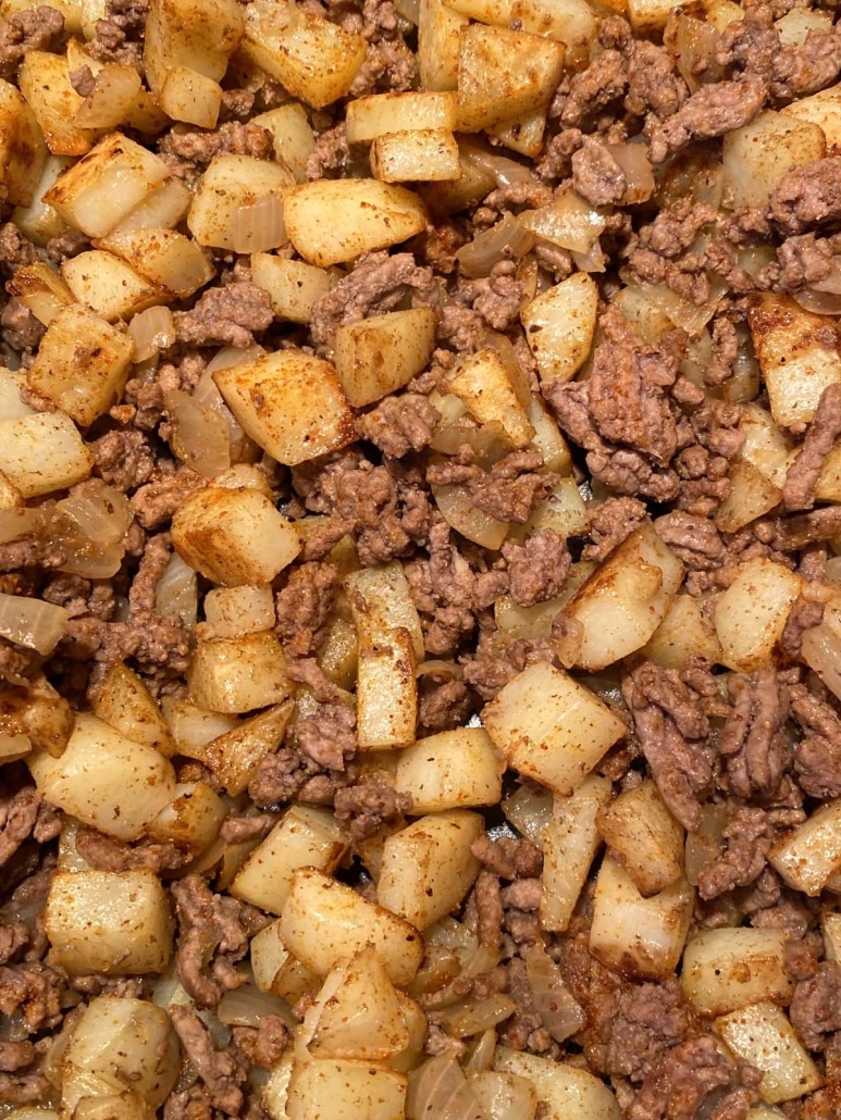 golden brown diced potatoes and seasoned ground beef