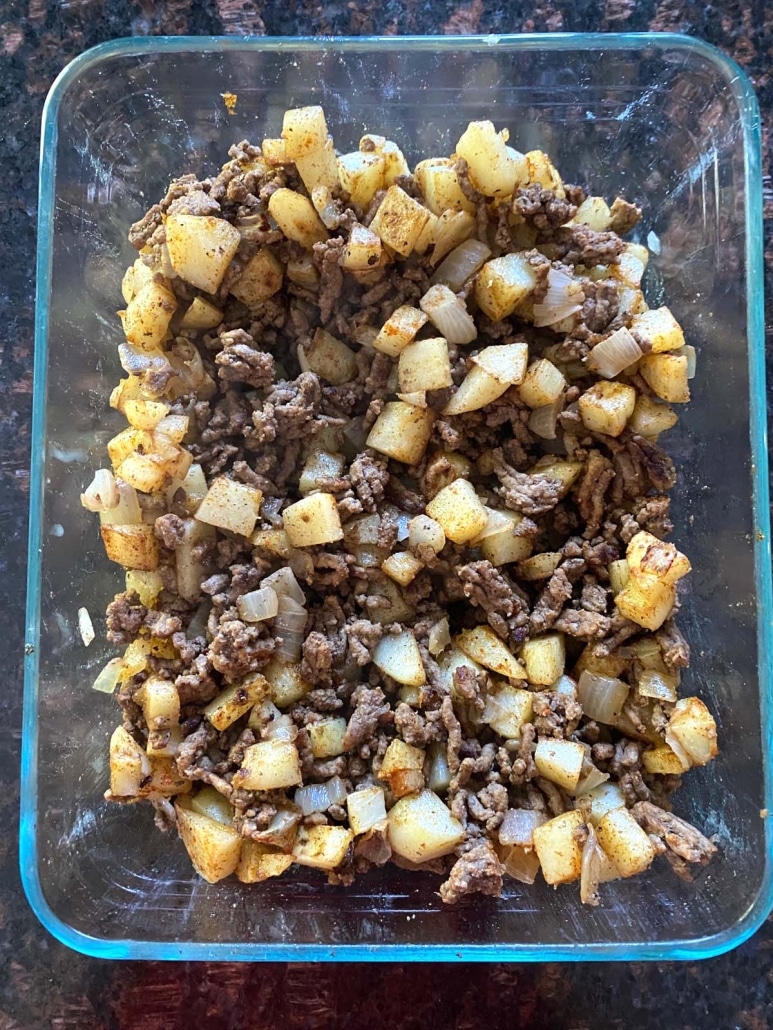 Ground Beef And Potatoes in a glass serving dish