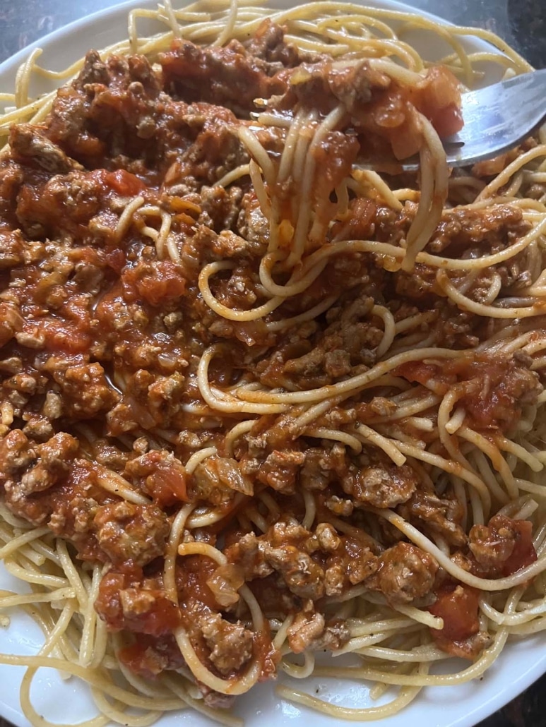 forkful of Ground Turkey Bolognese Sauce and pasta