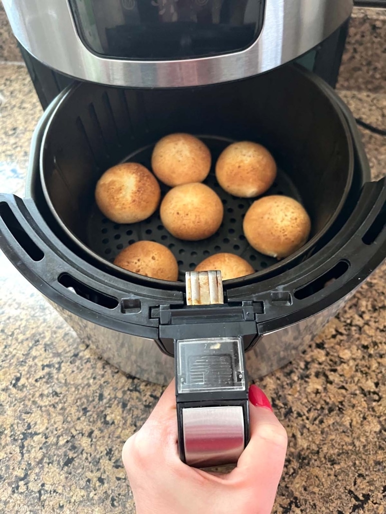 air fryer opened to show easy appetizer Farm Rich Mozzarella Bites