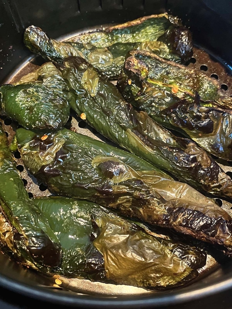 close-up of Roasted Poblano Peppers in air fryer basket