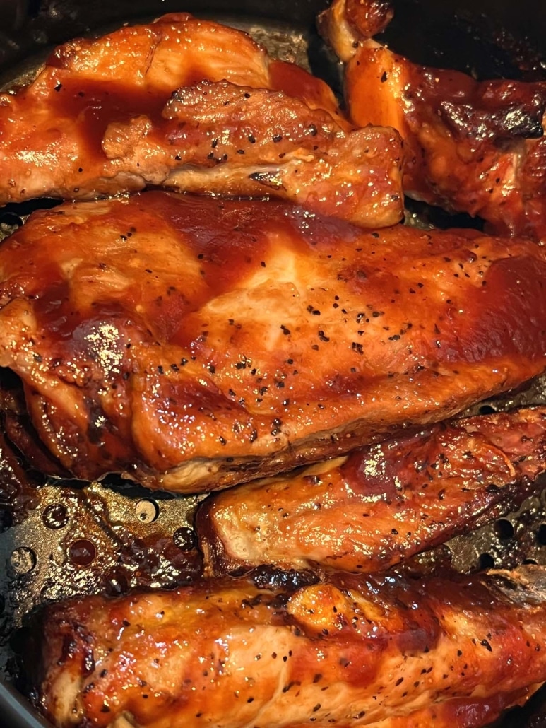 close-up of tender pork rib tips in the air fryer