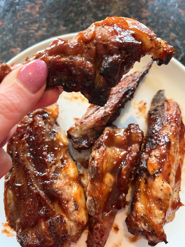 hand holding bbq pork rib tip