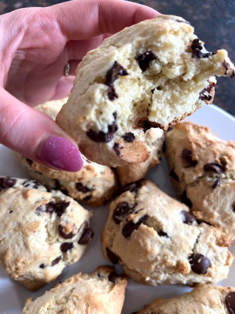 hand holding a Chocolate Chip Scone with a bite taken out