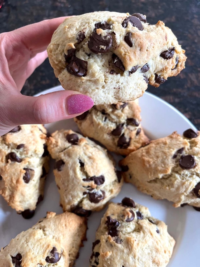 hand holding a Chocolate Chip Scone in front of a plate of scones