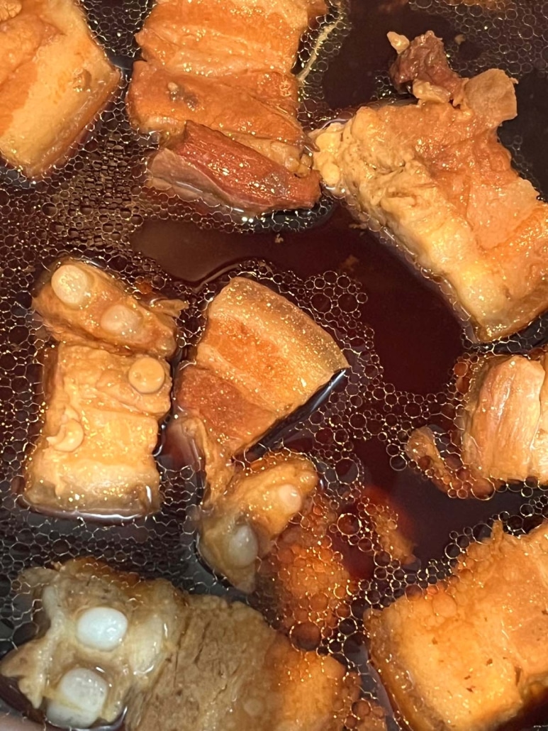 close-up of braised pork belly