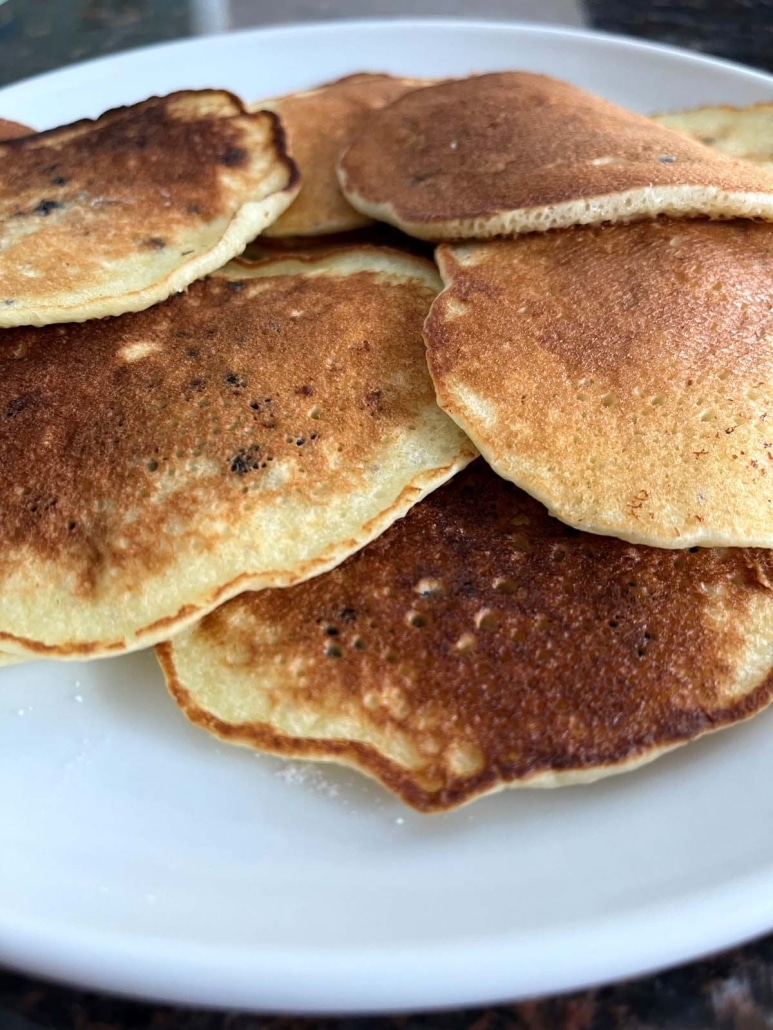 plate of soft and flavorful blueberry Muffin Mix Pancakes