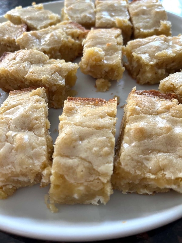 plate of sliced Vanilla Brownies With White Chocolate Chips