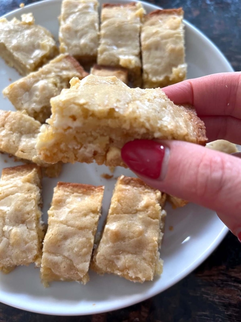 hand holding piece of vanilla brownie