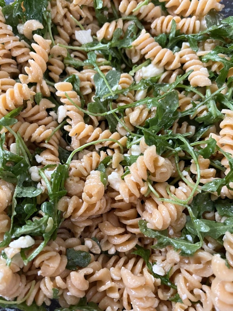 chick pea pasta salad with arugula and feta cheese