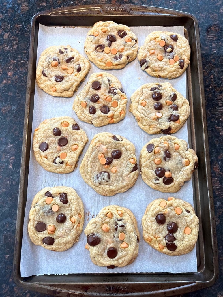 Caramel Chocolate Chip Cookies on a baking sheet