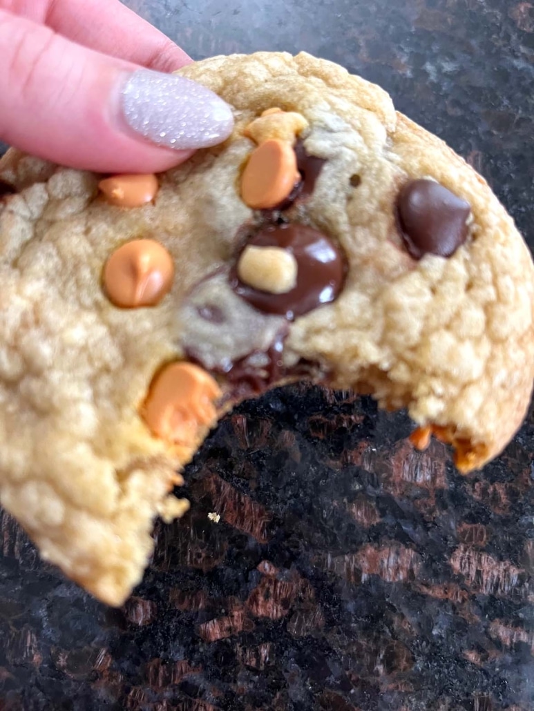 Caramel Chocolate Chip Cookie with a bite out of it