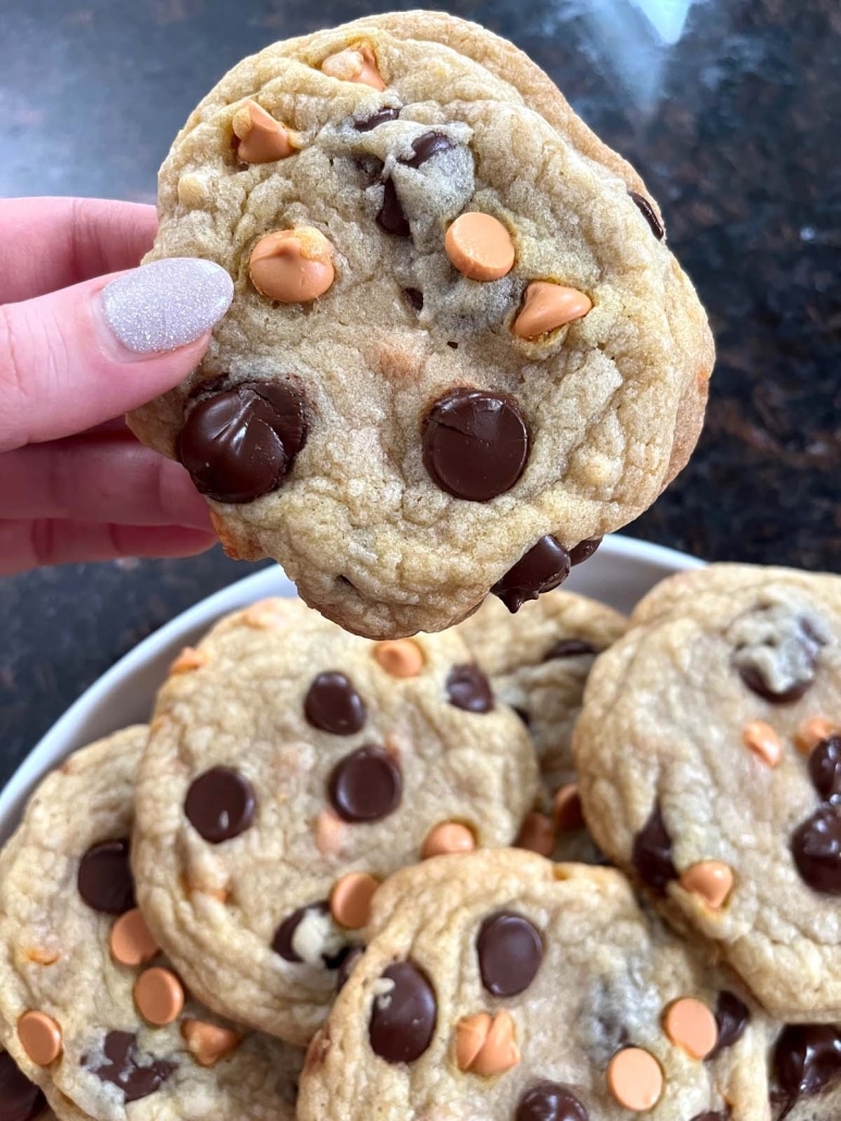 hand holding Caramel Chocolate Chip Cookie