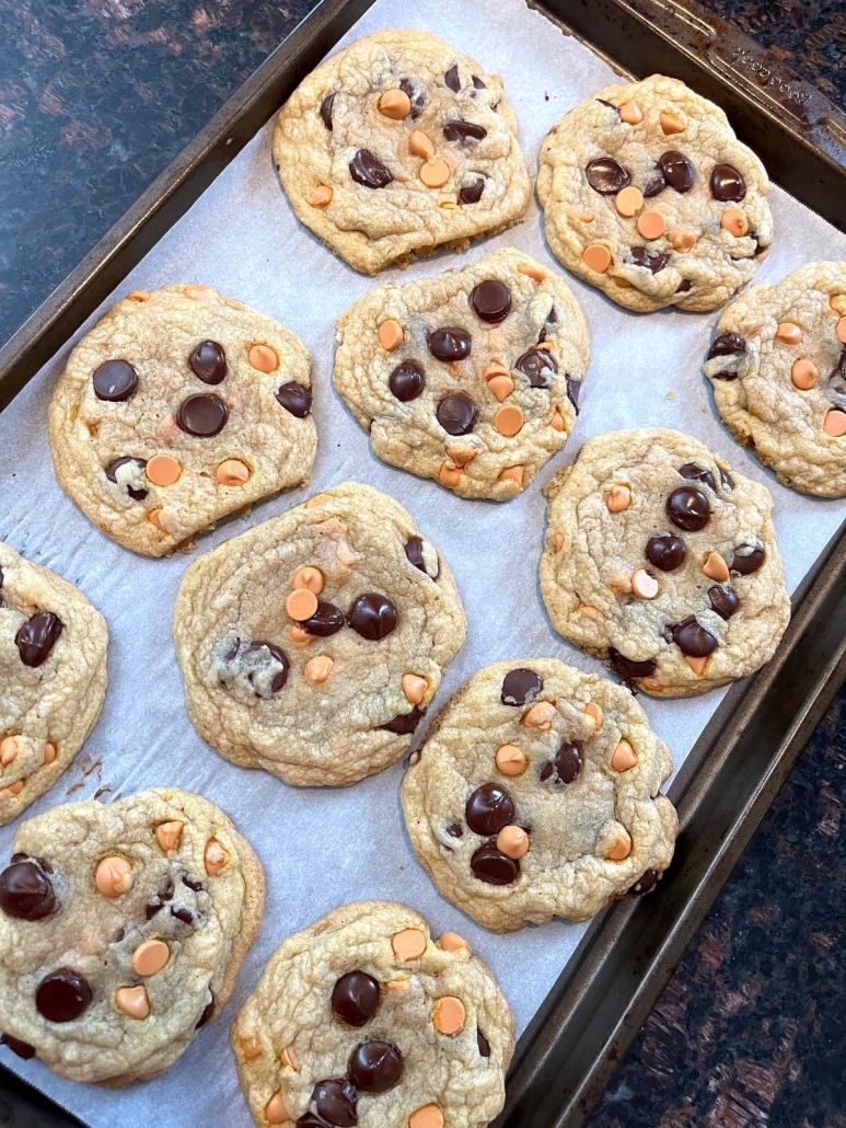 baking sheet of Caramel Chocolate Chip Cookies