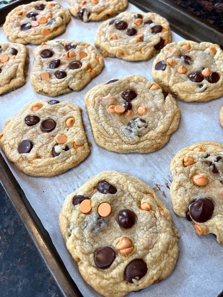 Caramel Chocolate Chip Cookies, cooking on a countertop