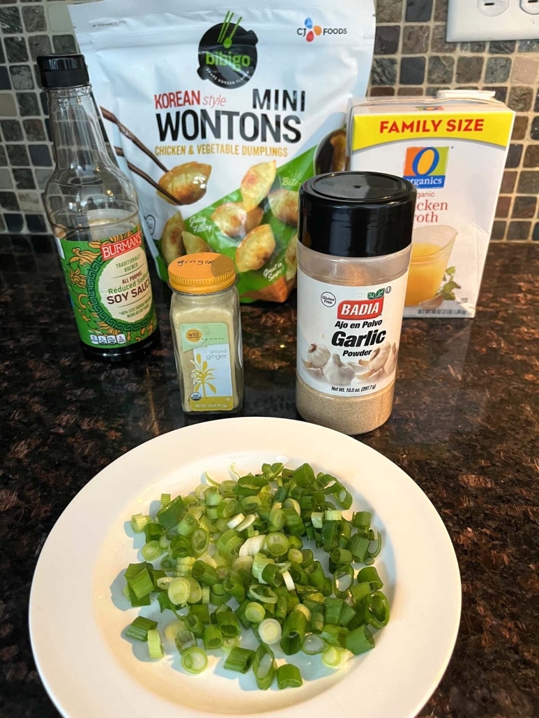 ingredients for Dumpling Soup, next to a plate of chopped green onions