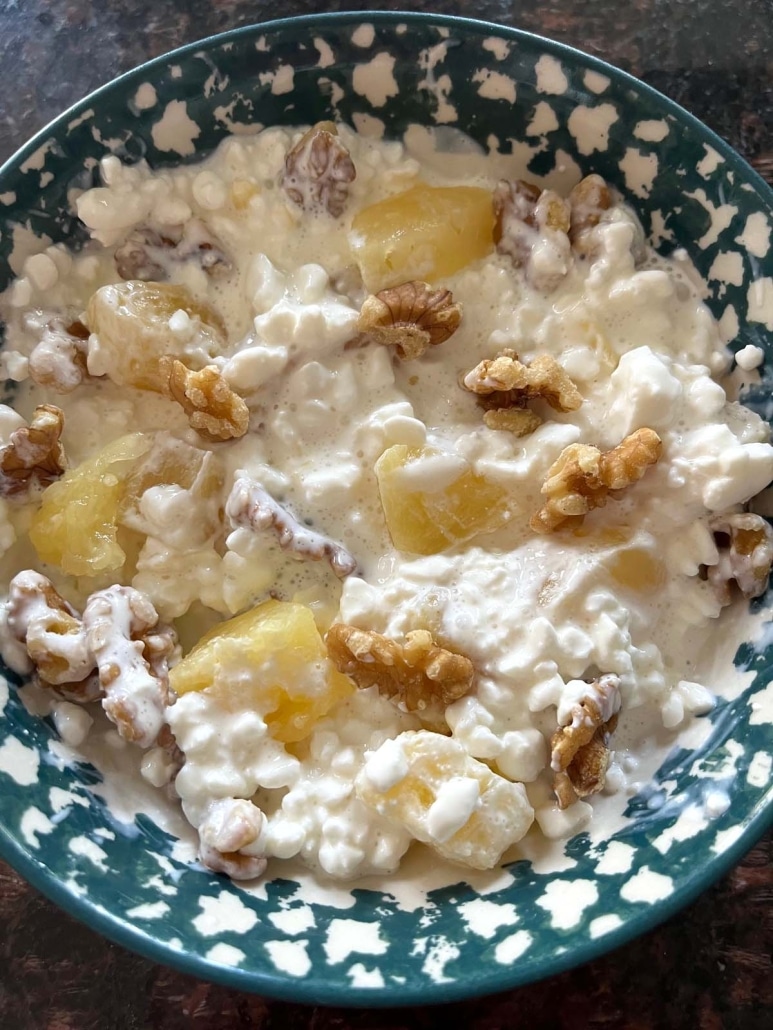 bowl of easy snack or breakfast Cottage Cheese And Pineapple