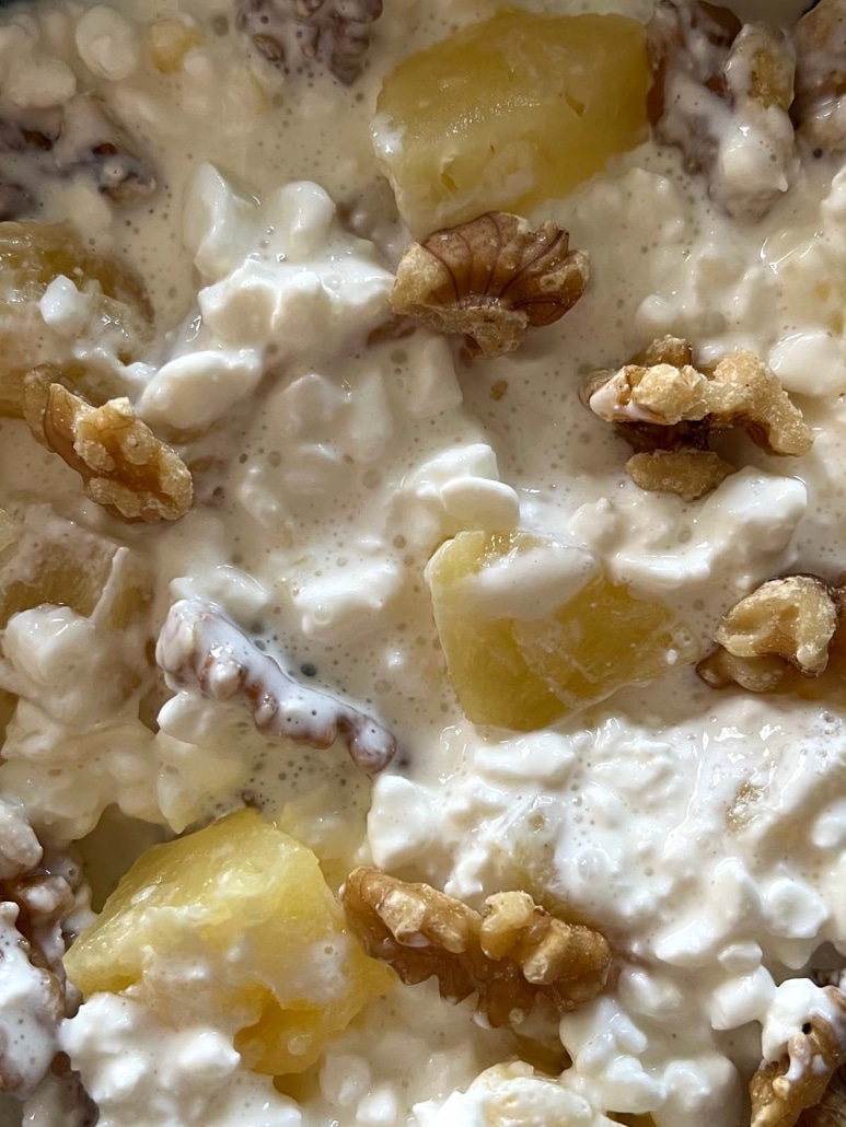crunchy walnuts and sweet pineapple mixed with creamy cottage cheese