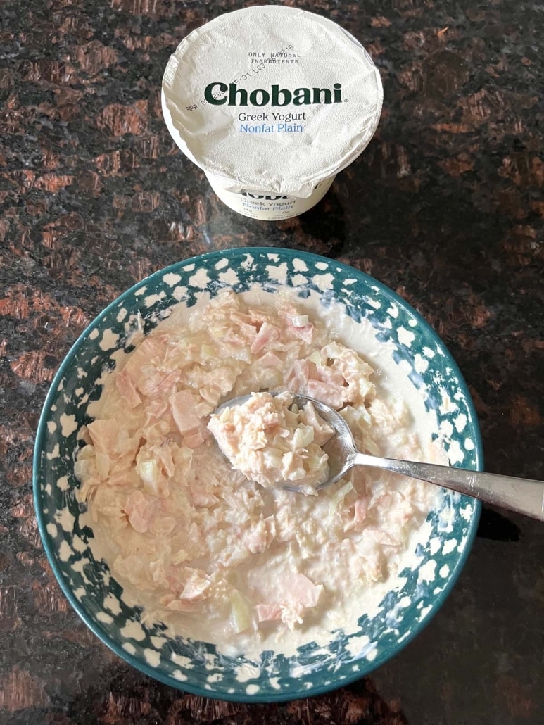 spoon in Greek Yogurt Tuna Salad next to a container of Greek yogurt