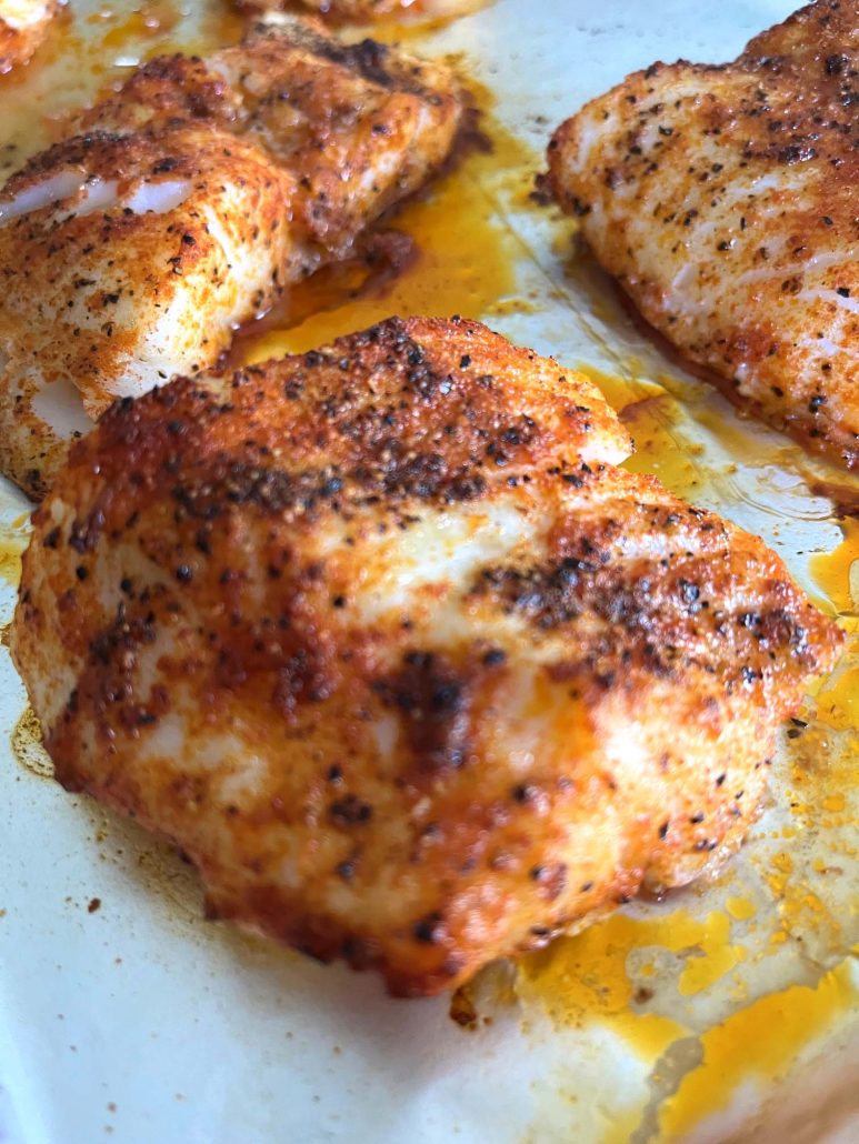 tender and moist cod fillets that have been broiled in the oven