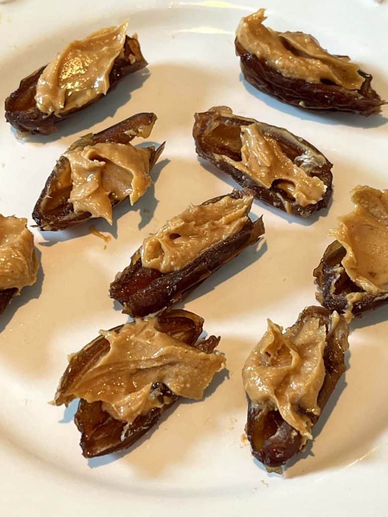 Close-up of peanut butter-stuffed dates.