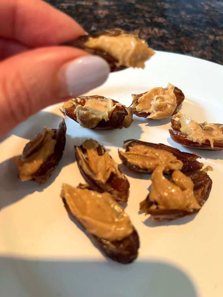 Zoomed-in image of peanut butter-stuffed dates.