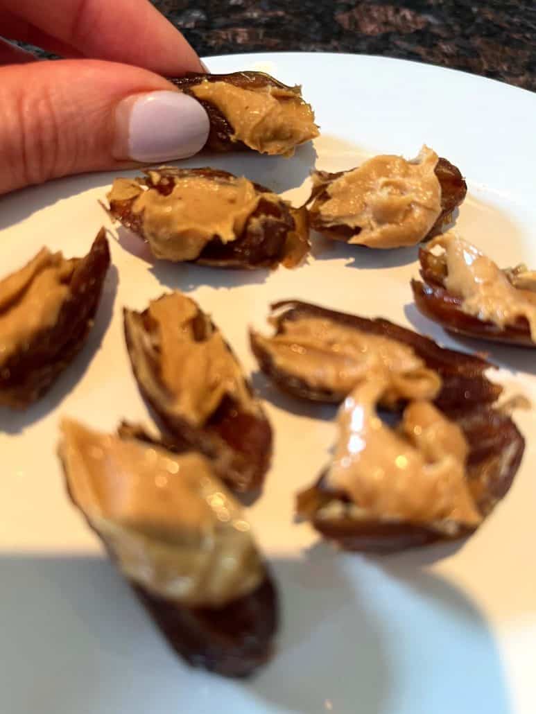 Zoomed-in image of peanut butter-stuffed dates.