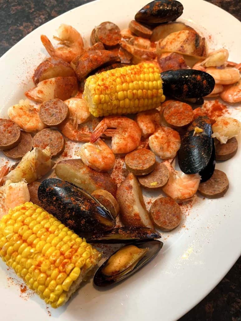 A close-up of a seafood boil platter, easy and flavorful meal.