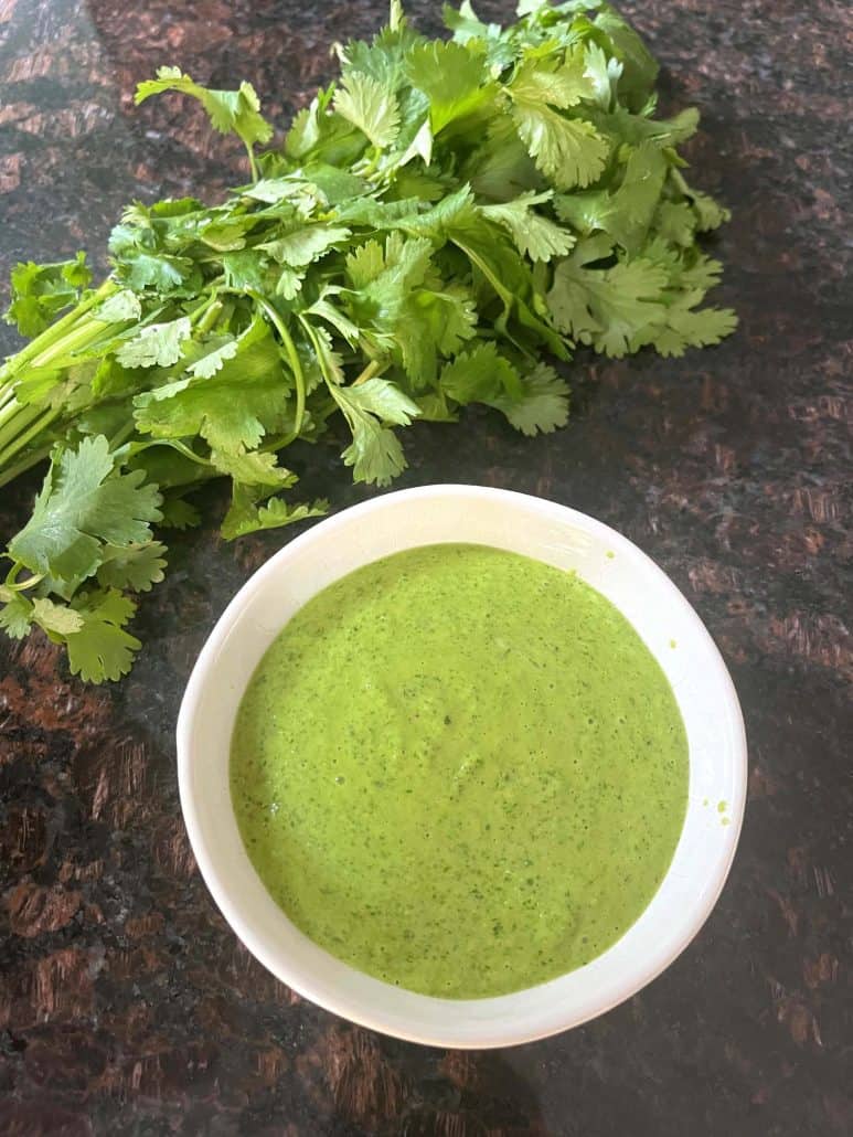 A bowl of freshly made Cilantro Chimichurri sauce, sitting next to a bunch of cilantro leaves on a dark kitchen countertop.