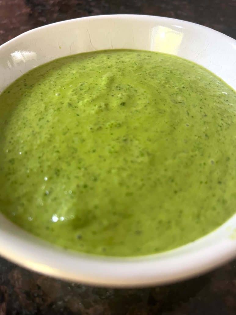 Close-up view of a bowl filled with smooth, green Cilantro Chimichurri sauce, showcasing its creamy texture and fresh ingredients.