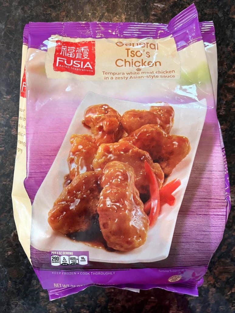 A close-up of a package of frozen General Tso’s chicken.