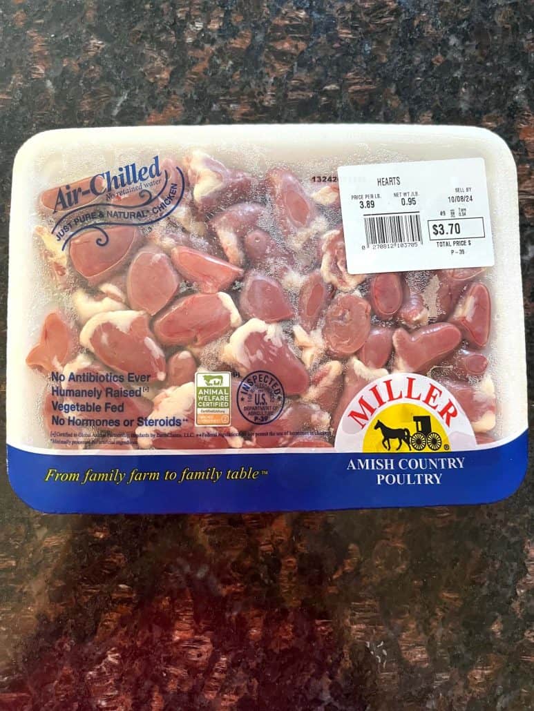 Packaged air-chilled chicken hearts from Miller Amish Country Poultry, labeled as humanely raised with no antibiotics, hormones, or steroids, ready to be used in a healthy recipe.