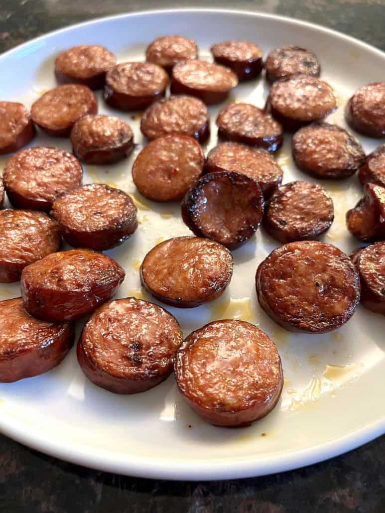 Air-fried andouille sausage, showcasing the golden-brown texture.