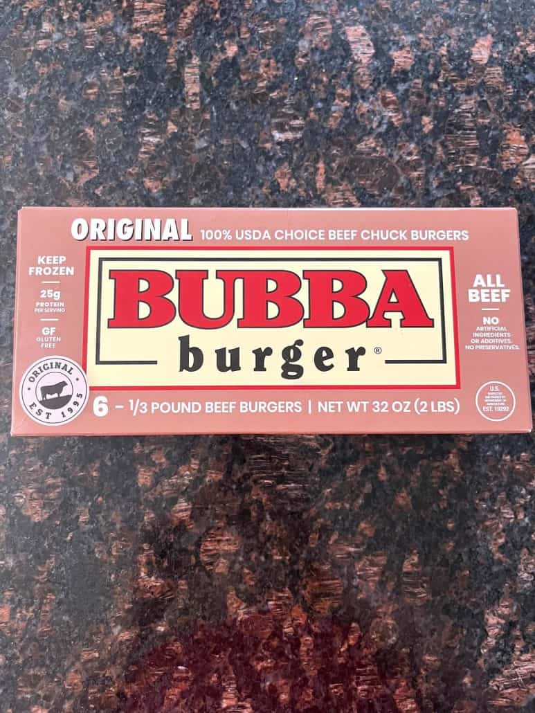 Box of frozen Original Bubba Burgers on a countertop.